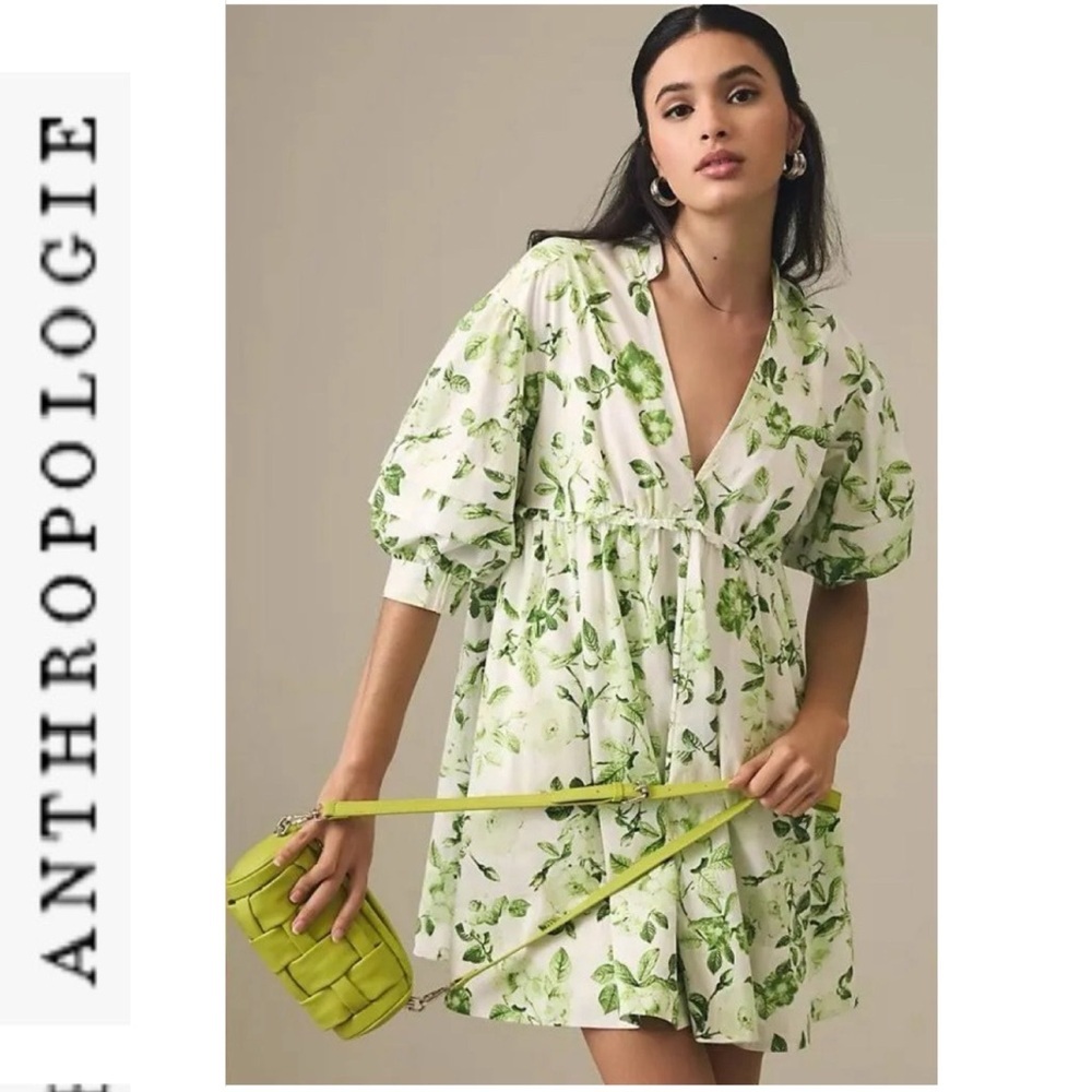 NWOT Anthro Maeve V-Neck  Floral Puff Sleeve Mini Dress xs